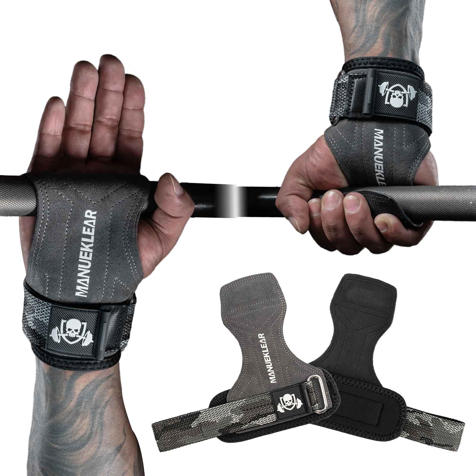 MANUEKLEAR Double Leather Lifting Straps with Wrist Cushion
