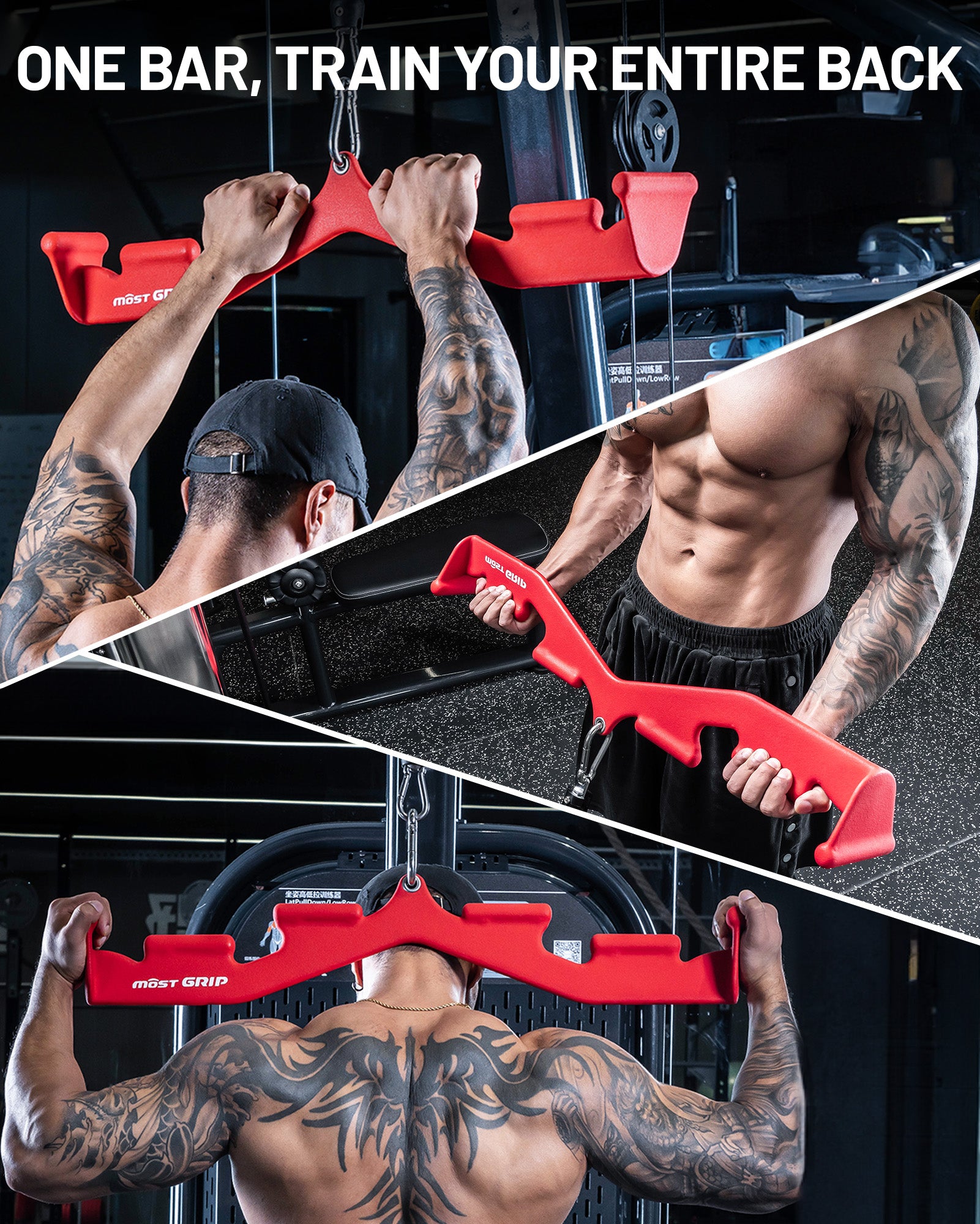 Red lat pulldown bar performing back and lat muscle pull exercises