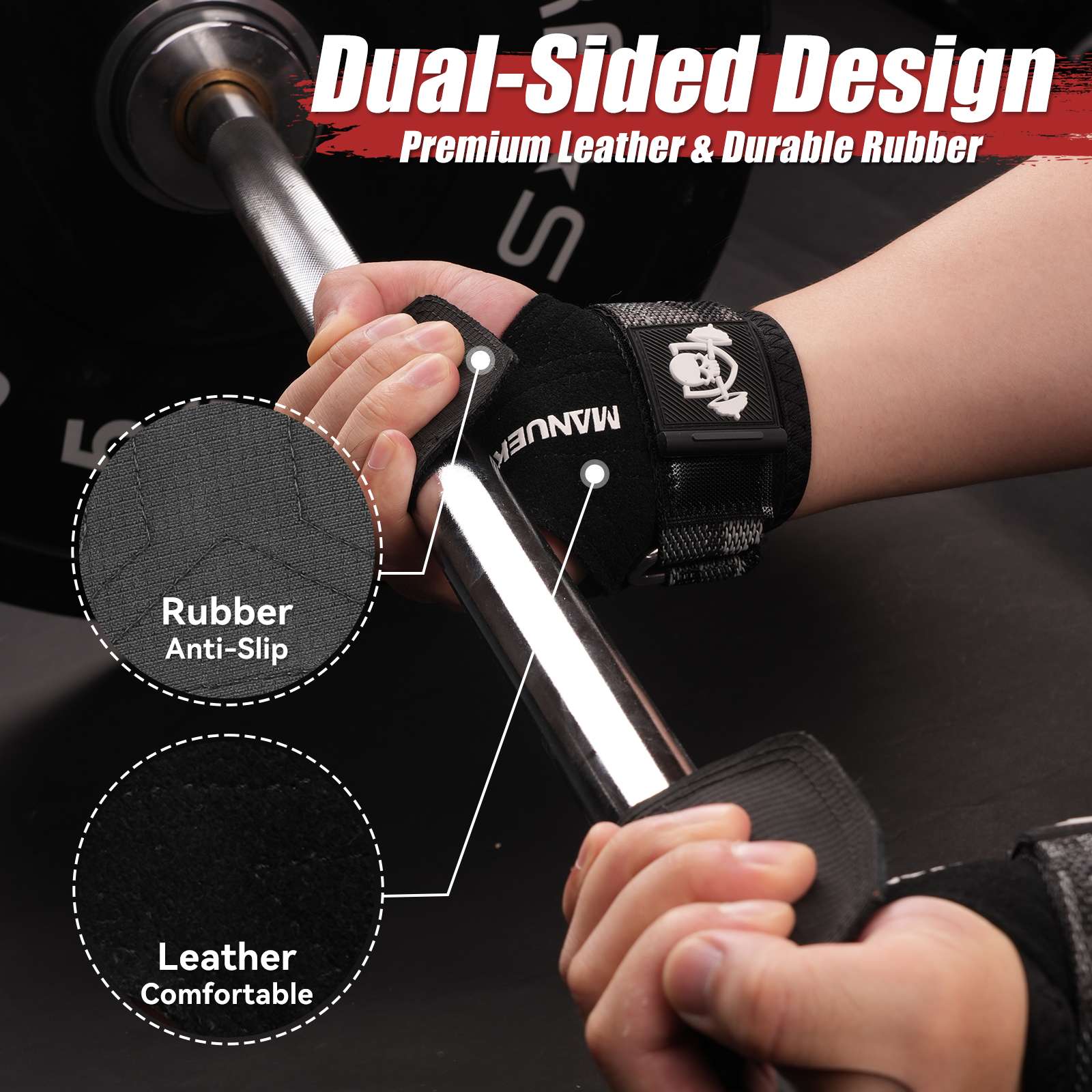 MANUEKLEAR Double Leather Lifting Straps with Wrist Cushion