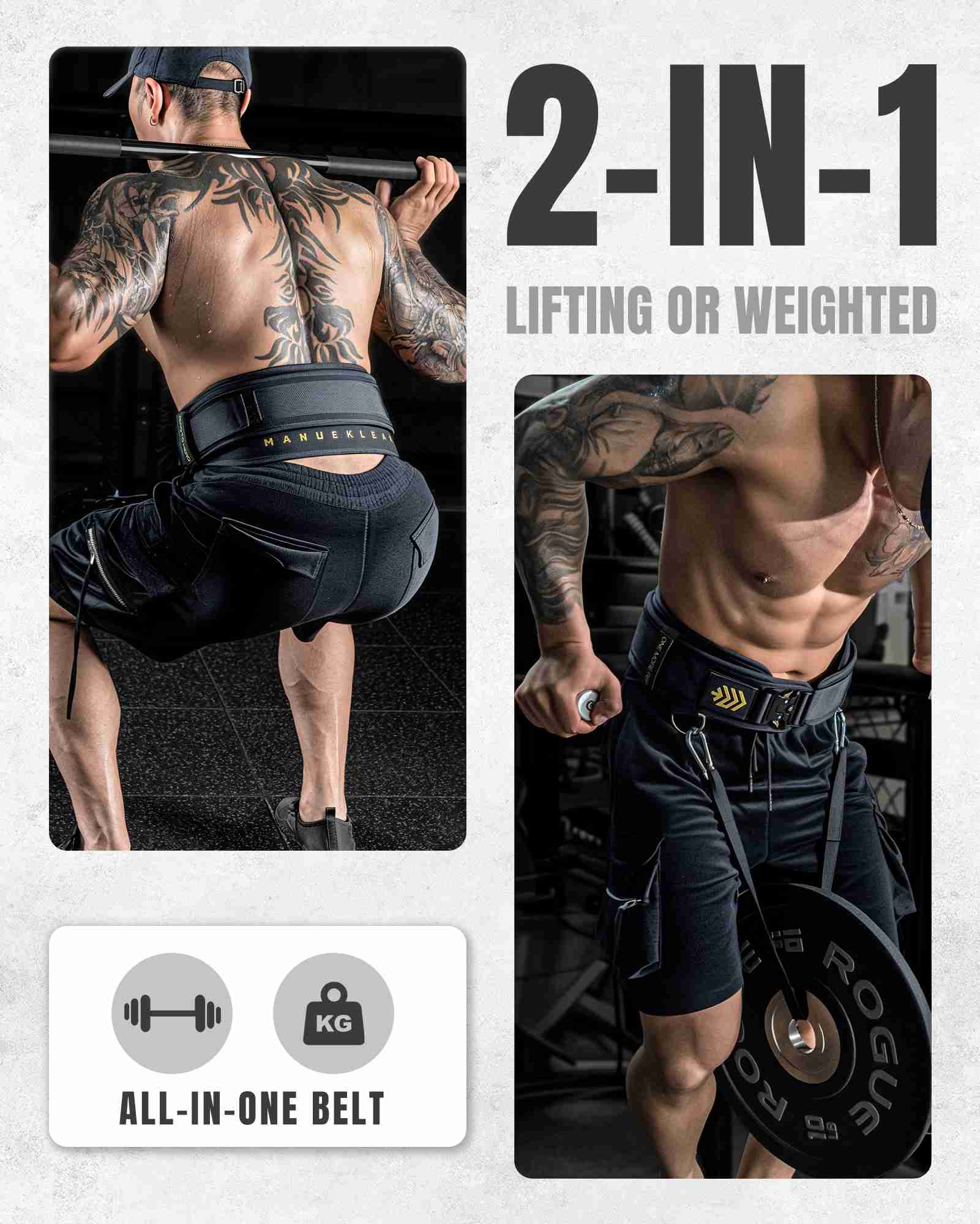 MANUEKLEAR 2-in-1 Weightlifting Belt | 36.7" Rope | Double-Layer for Gym