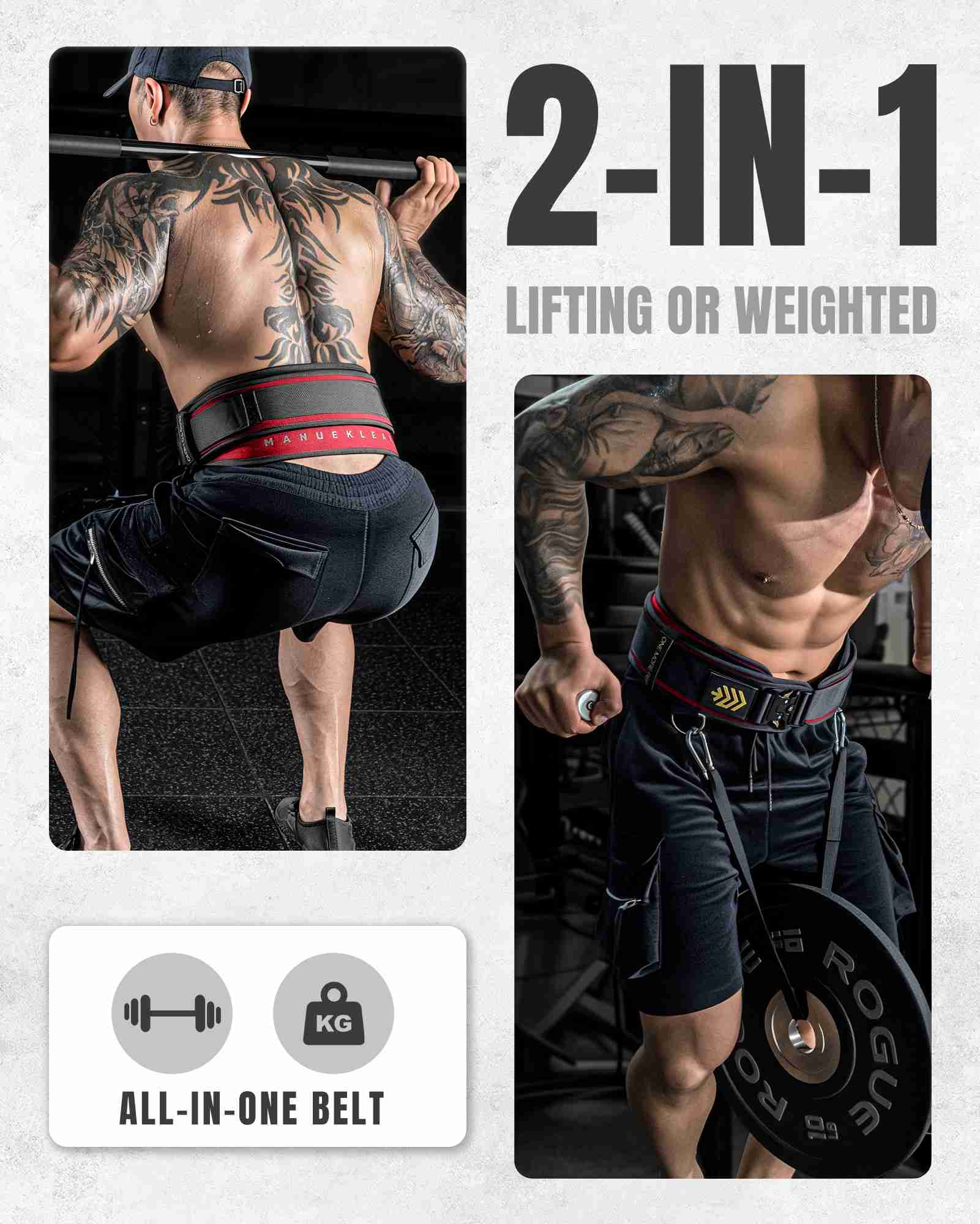 MANUEKLEAR 2-in-1 Weightlifting Belt | 36.7" Rope | Double-Layer for Gym