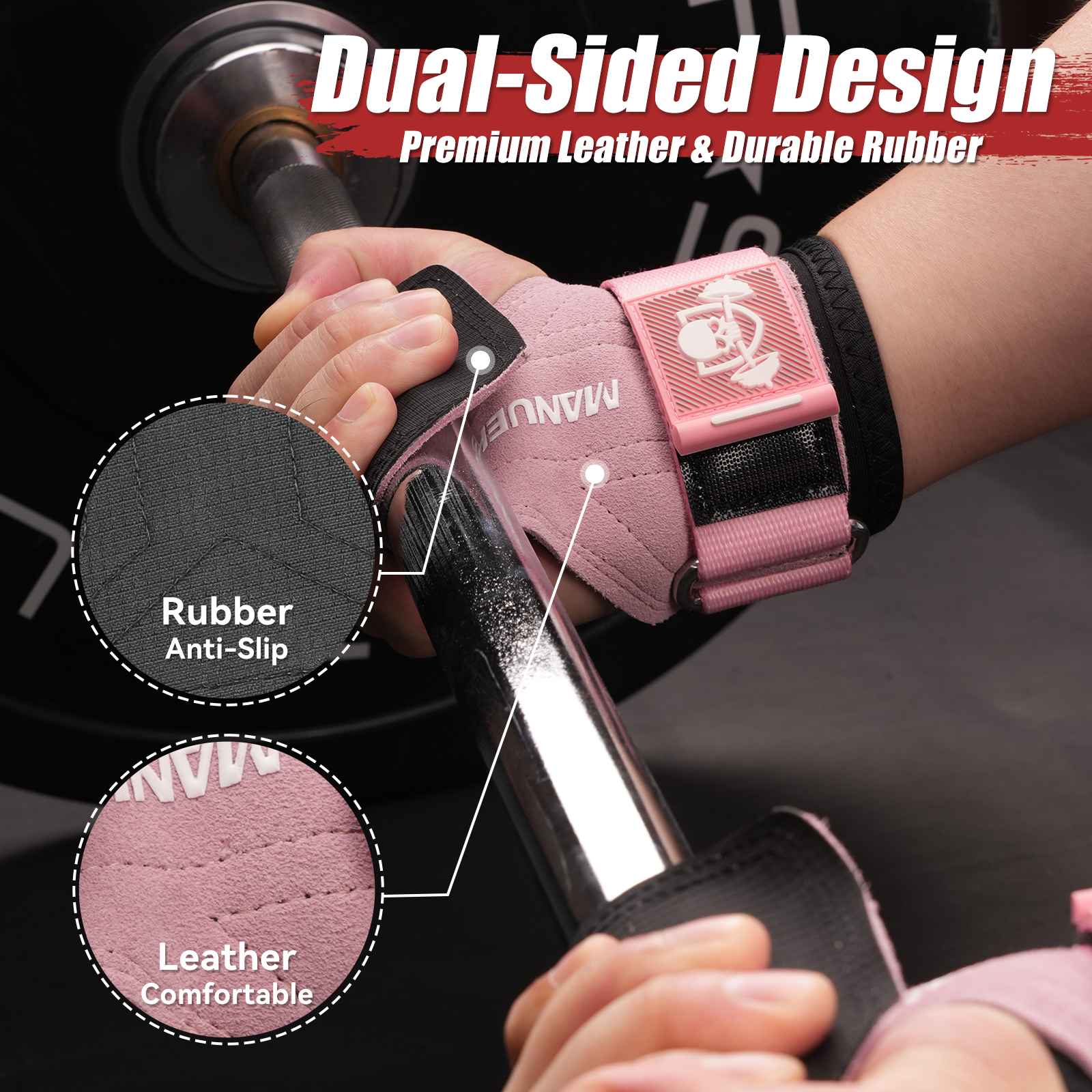 MANUEKLEAR Double Leather Lifting Straps with Wrist Cushion