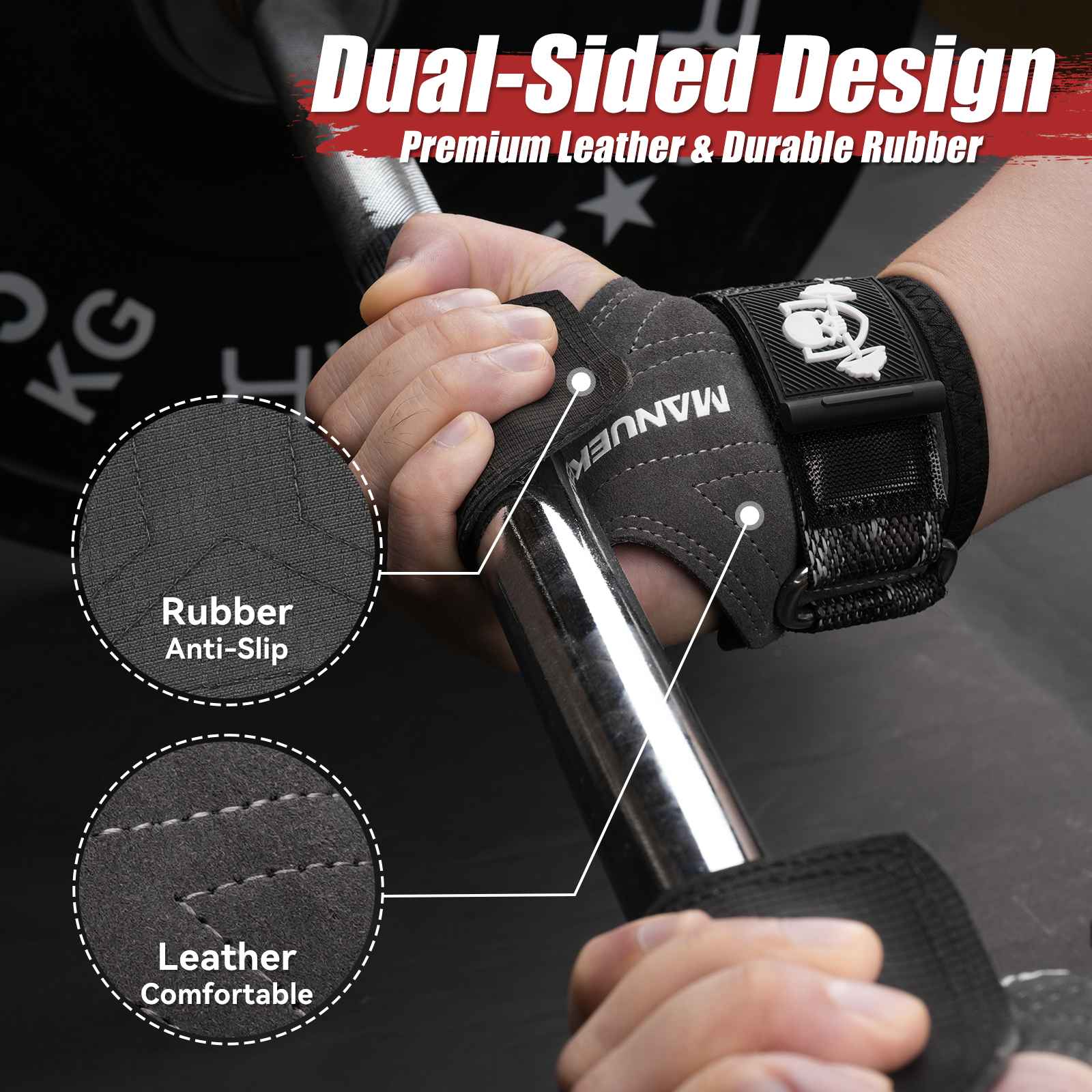 MANUEKLEAR Double Leather Lifting Straps with Wrist Cushion