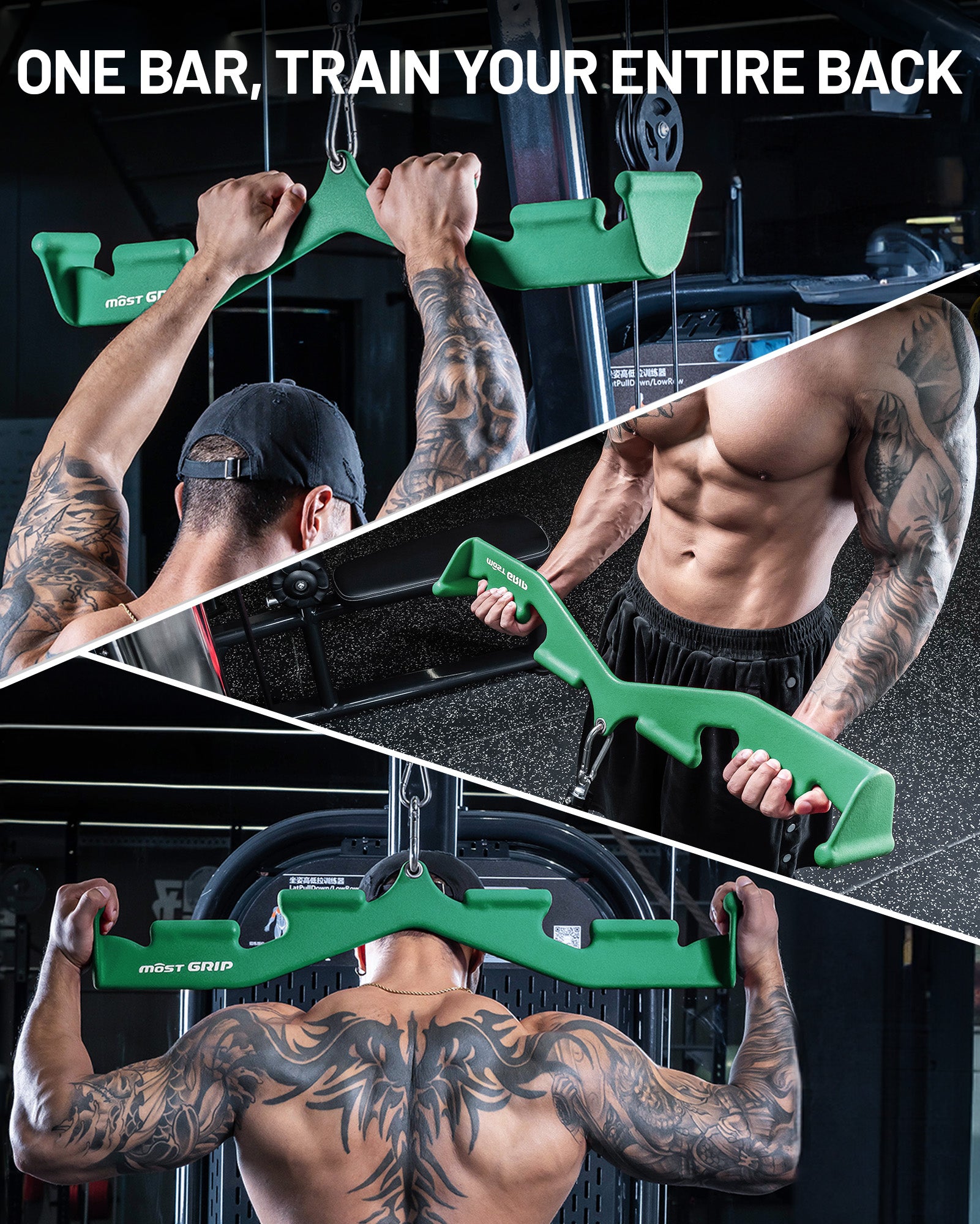Green lat pulldown bar showing multiple grips for full back training