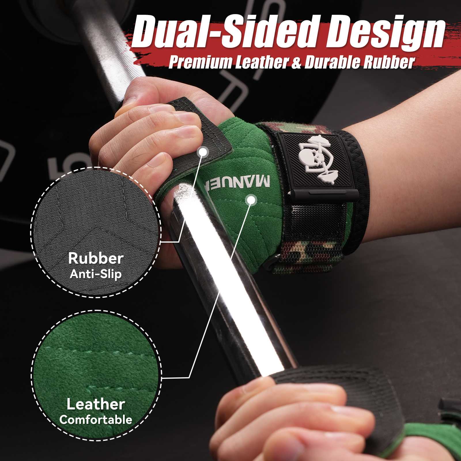 MANUEKLEAR Double Leather Lifting Straps with Wrist Cushion
