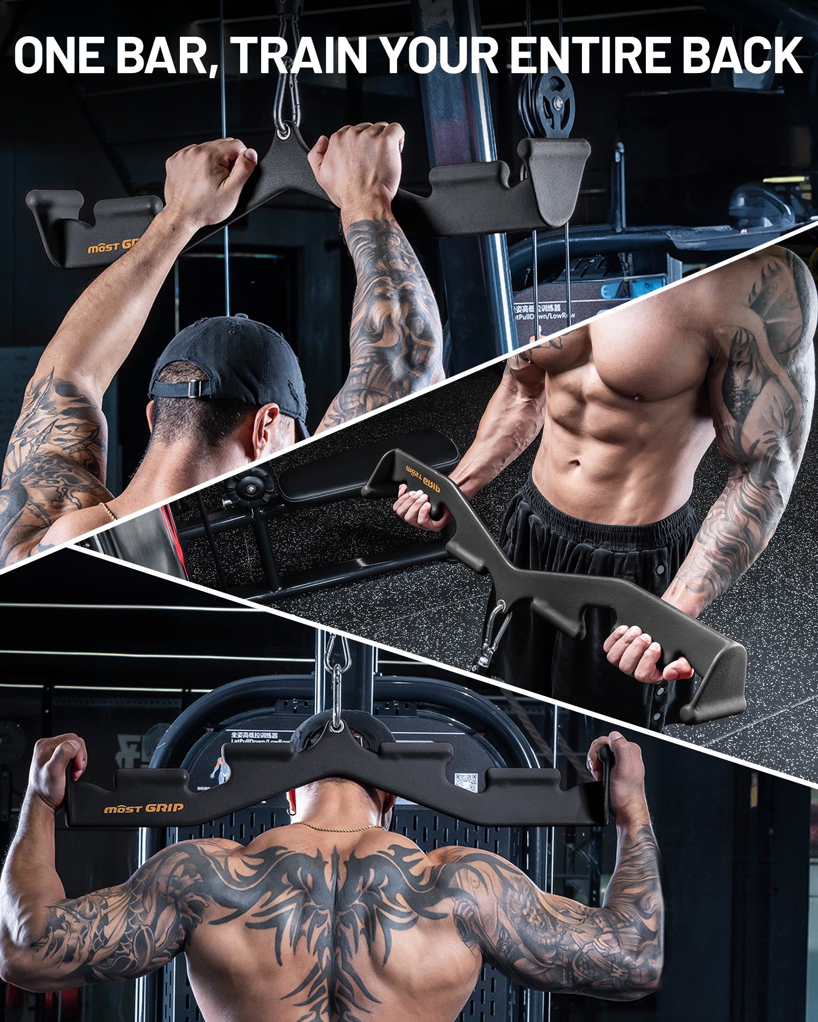 Black lat pulldown bar used in wide grip back exercise workout