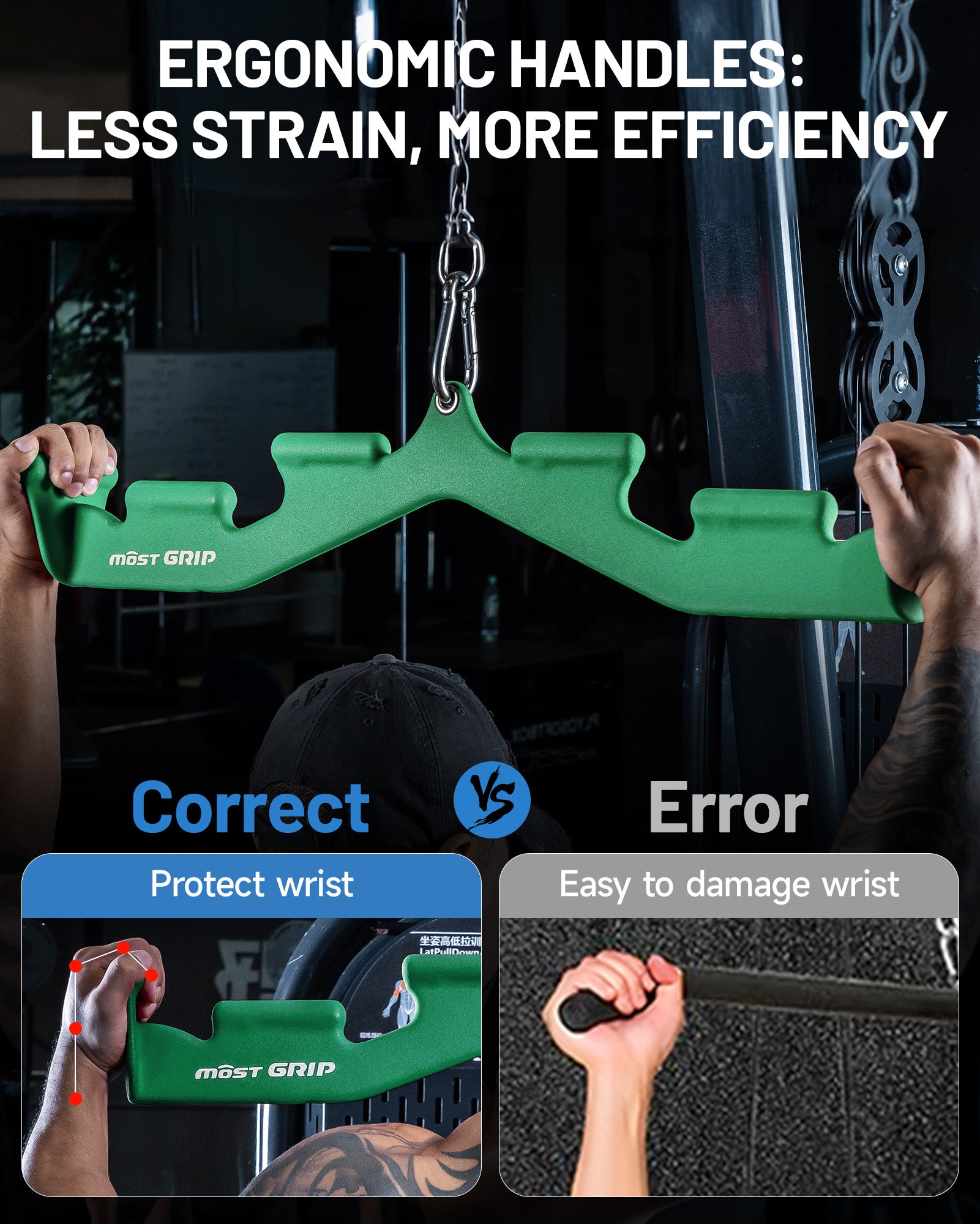 Ergonomic green pulldown bar handles designed for less strain and safe exercise
