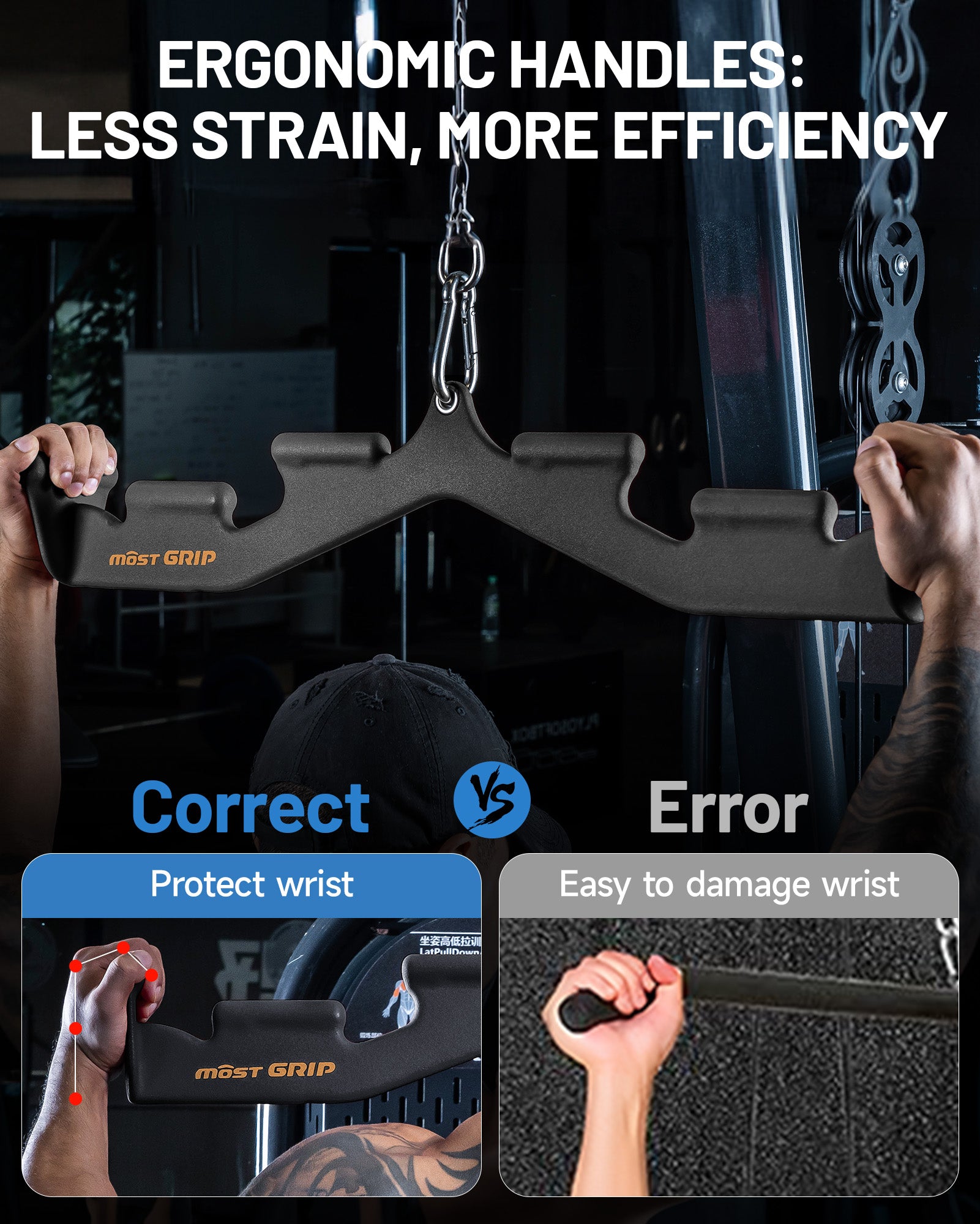 Ergonomic black lat pulldown bar handles reduce wrist strain effectively
