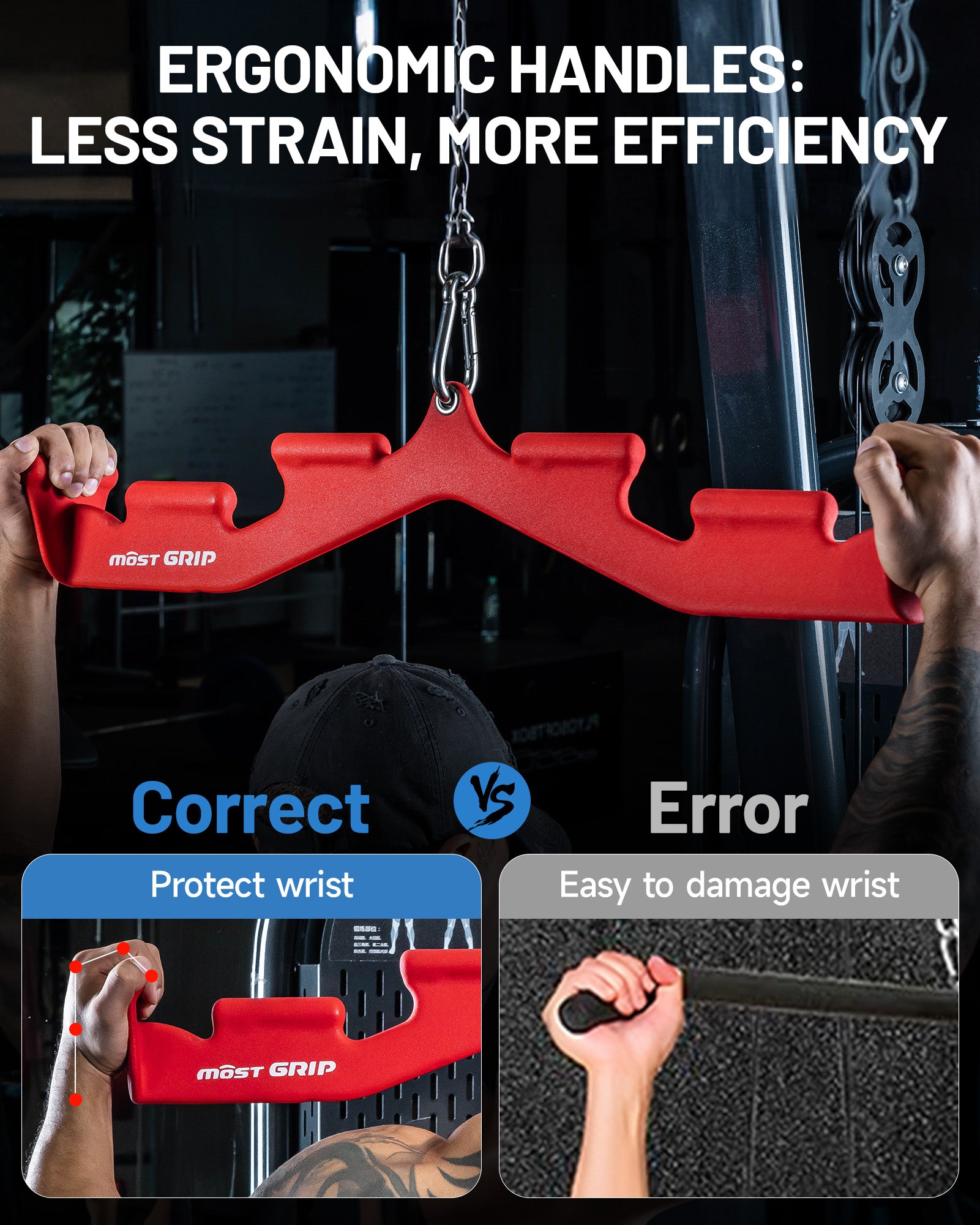 Ergonomic red pulldown bar handles improve pulling comfort and training efficiency