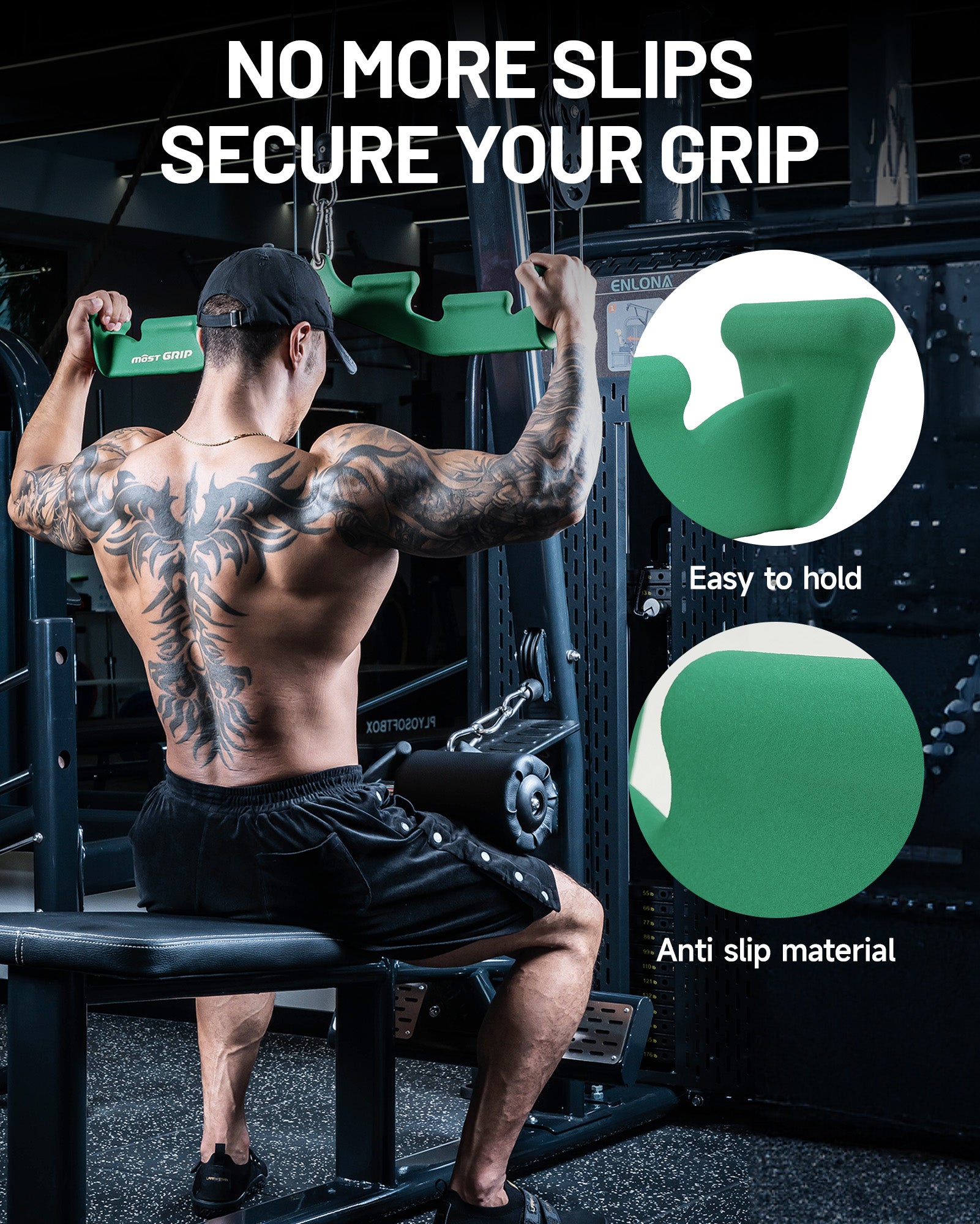 Detailed view of green lat pulldown bar with textured non-slip handles
