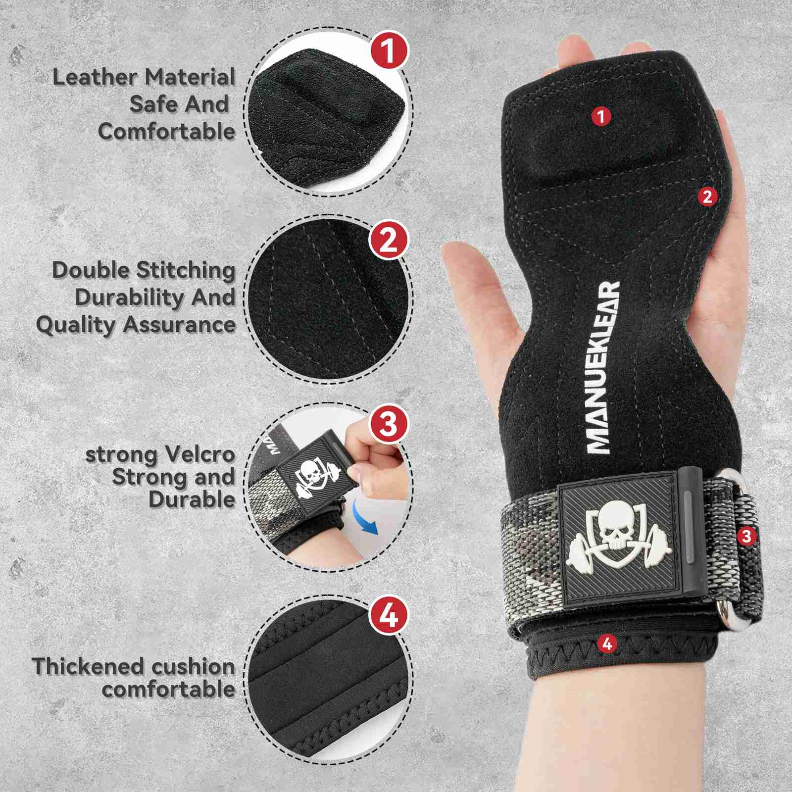 MANUEKLEAR Double Leather Lifting Straps with Wrist Cushion