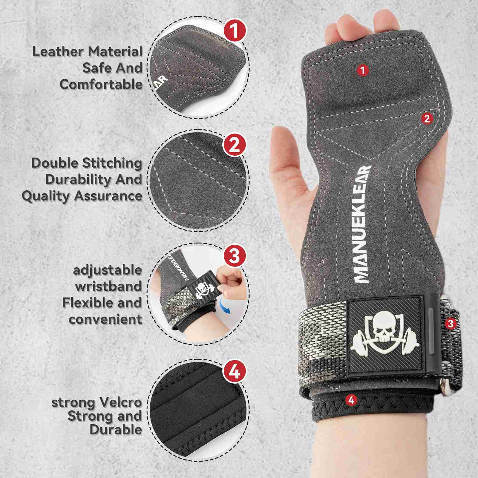 MANUEKLEAR Double Leather Lifting Straps with Wrist Cushion