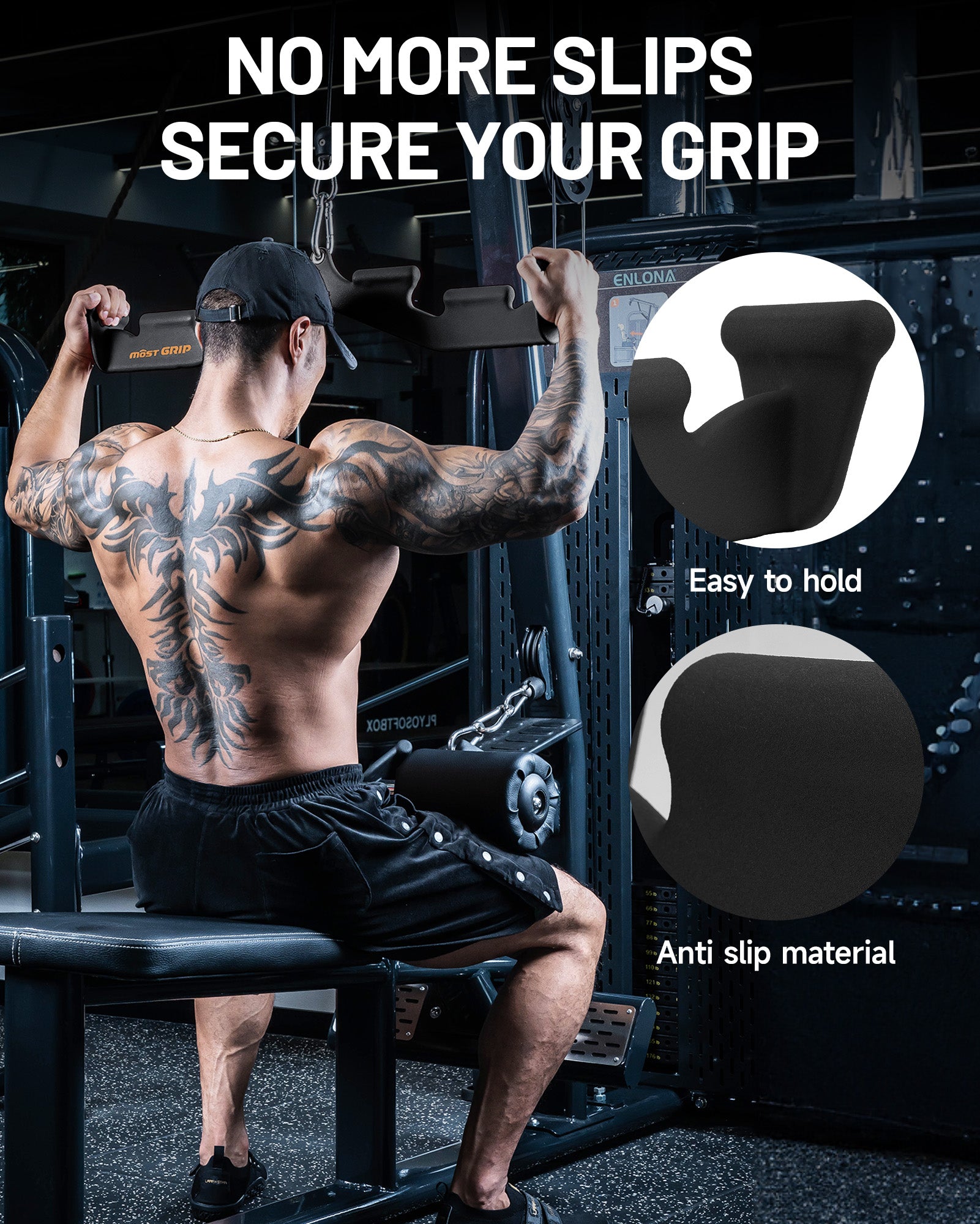 Close-up of black lat pulldown bar with non-slip textured grips