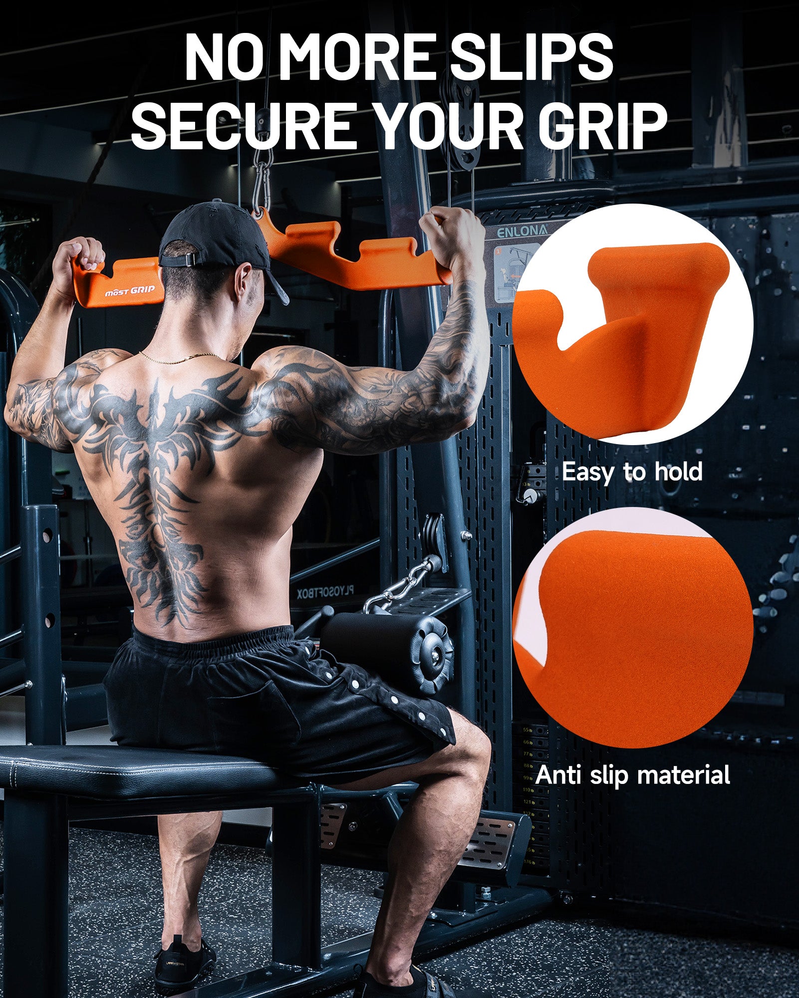 Close shot of orange lat pulldown bar non-slip grip handle design
