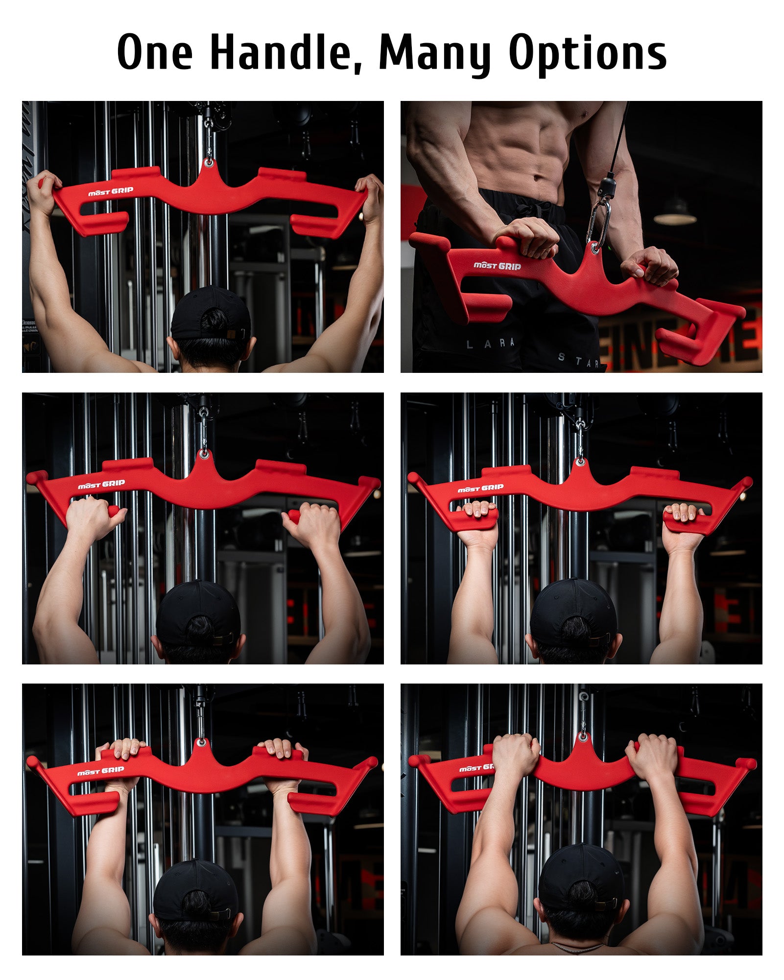 Athlete demonstrating wide-grip pulldown with red cable attachment, targeting lats and upper back