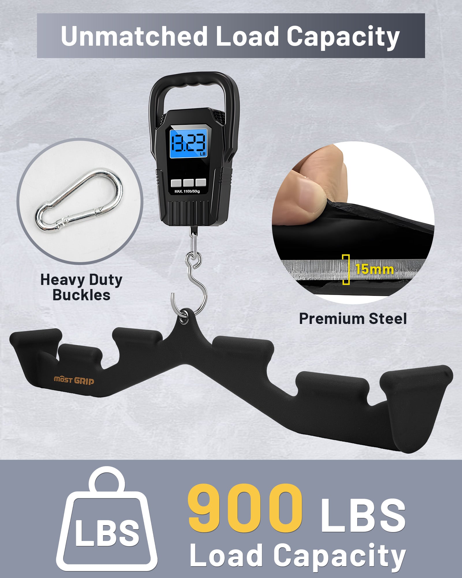Black lat pulldown bar showing heavy duty buckles and 15mm steel strength
