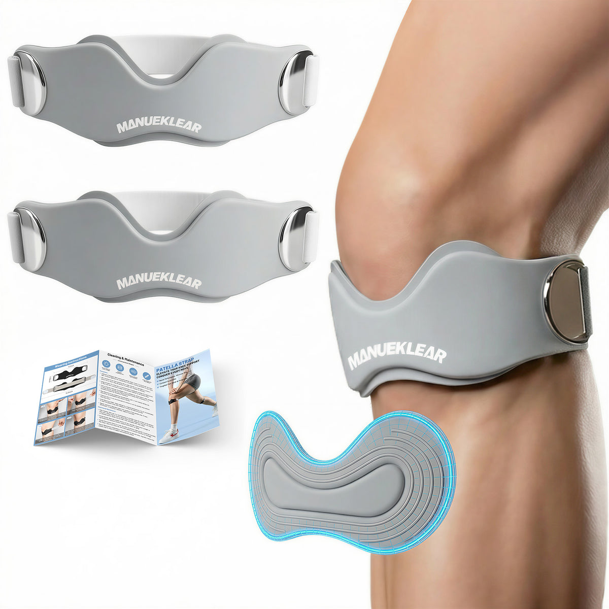 MANUEKLEAR V-Shaped Patella Bands, Adjustable Flex Wrap Patellar Tendon Support Strap for Men Women, Silicone Patella Knee Straps Suitable for Pain Relief Running Hiking Basketball, (2pcs)