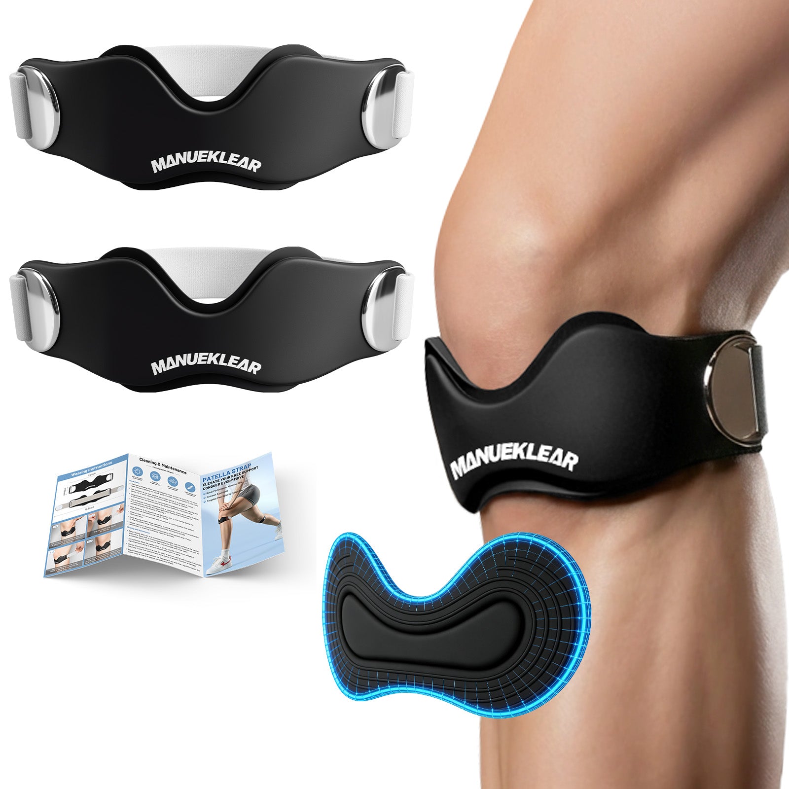 MANUEKLEAR V-Shaped Patella Bands, Adjustable Flex Wrap Patellar Tendon Support Strap for Men Women, Silicone Patella Knee Straps Suitable for Pain Relief Running Hiking Basketball, (2pcs)