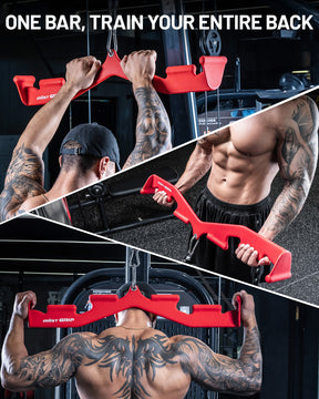 Red lat pulldown bar performing back and lat muscle pull exercises