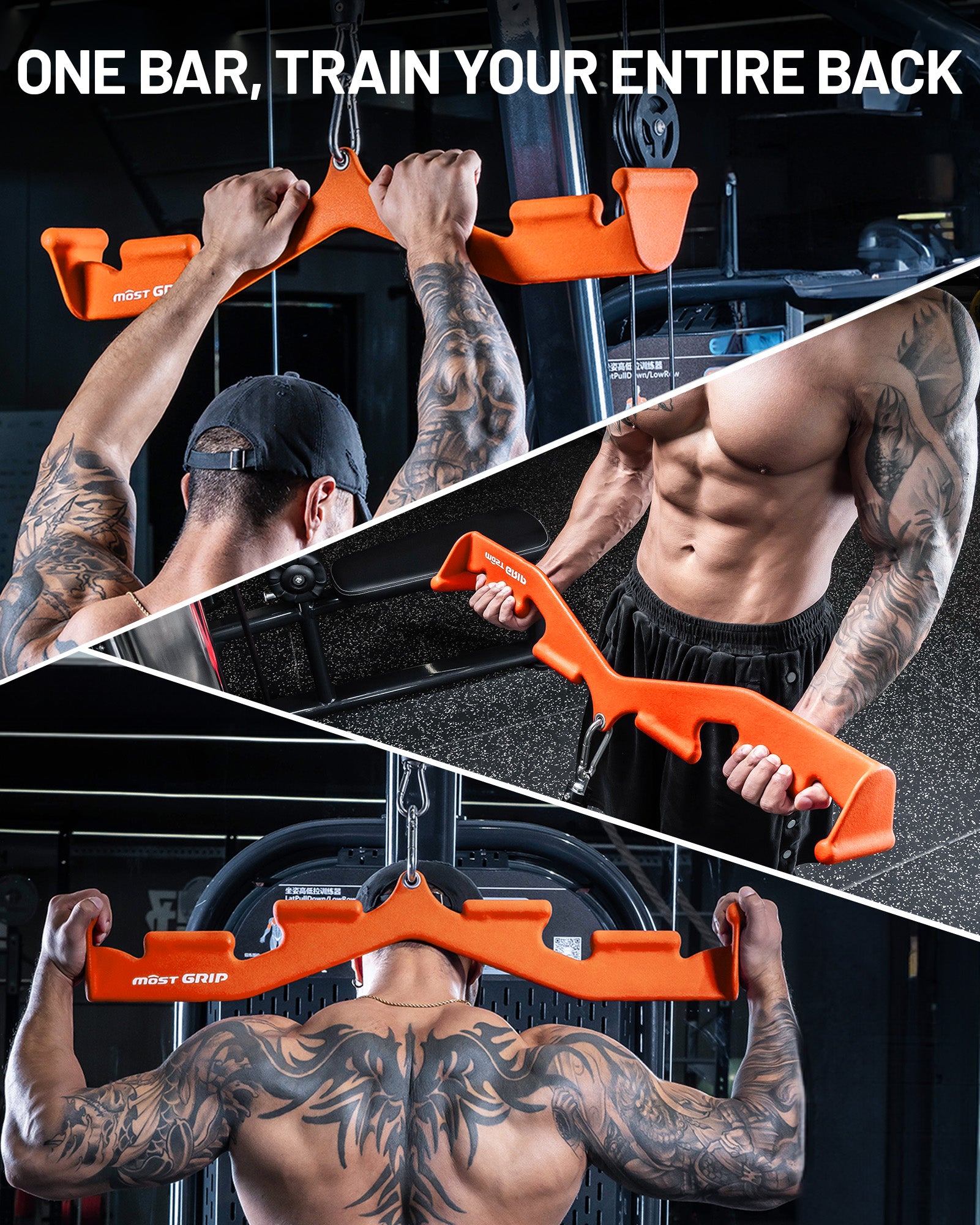 Orange pulldown bar user showing core and lat workout movements