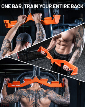 Orange pulldown bar user showing core and lat workout movements