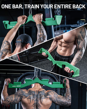 Green lat pulldown bar showing multiple grips for full back training