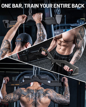 Black lat pulldown bar used in wide grip back exercise workout