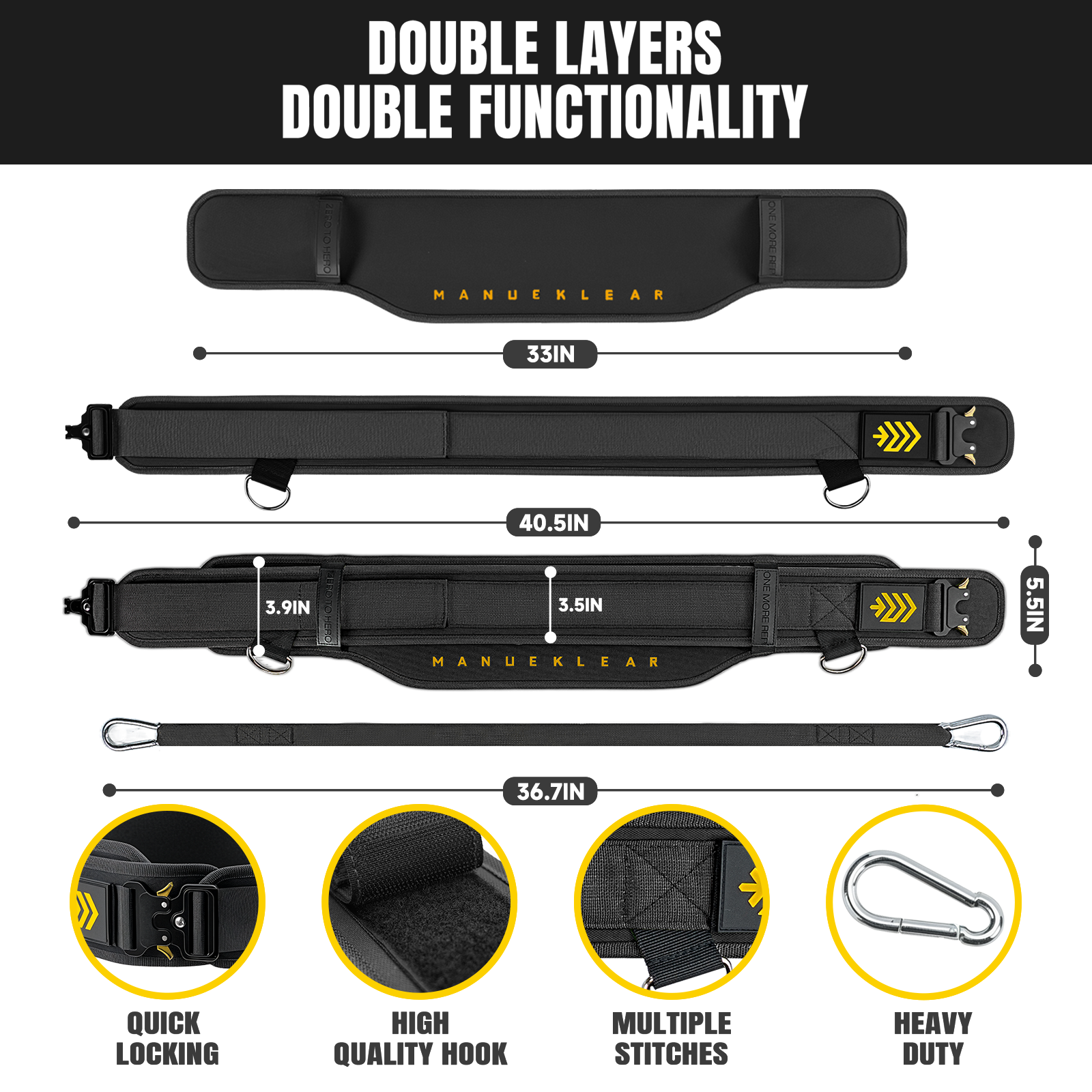 MANUEKLEAR 2-in-1 Weightlifting Belt & Dip Belt with 36.7 IN Rope, Double-Layer Weight Lifting Belts, Powerlifting Gym Weighted Belt for Pull Up Squat