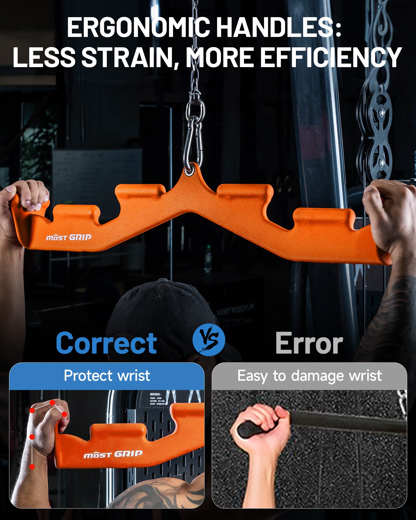 Ergonomic orange handles of pulldown bar allow safer efficient training