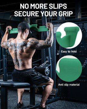 Detailed view of green lat pulldown bar with textured non-slip handles