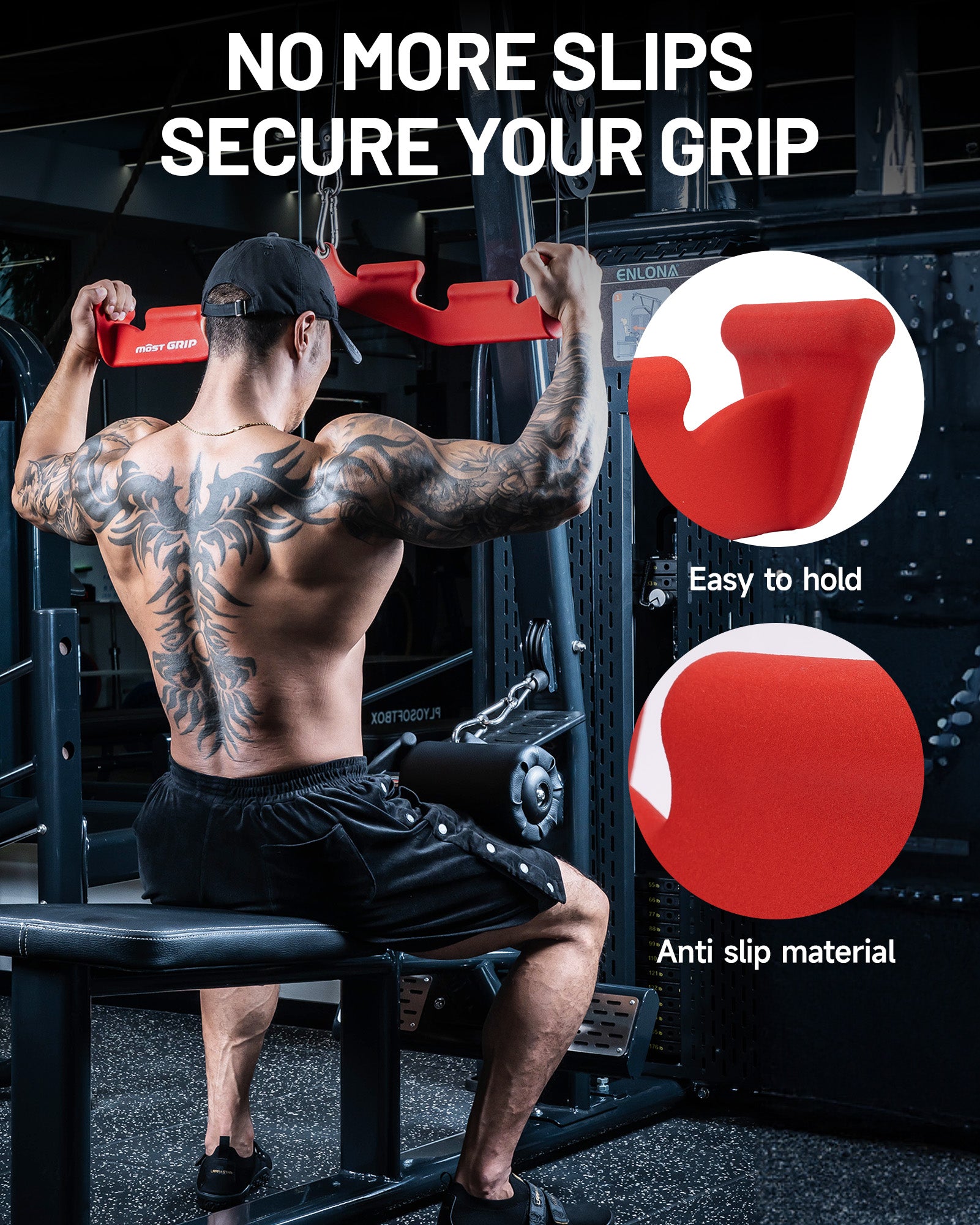 Red lat pulldown bar featuring anti-slip handles for secure grip control