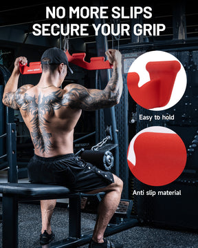 Red lat pulldown bar featuring anti-slip handles for secure grip control
