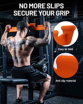 Close shot of orange lat pulldown bar non-slip grip handle design