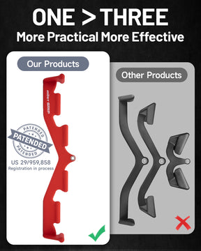 Red multi-grip lat pulldown bar replaces performance of three weaker bars