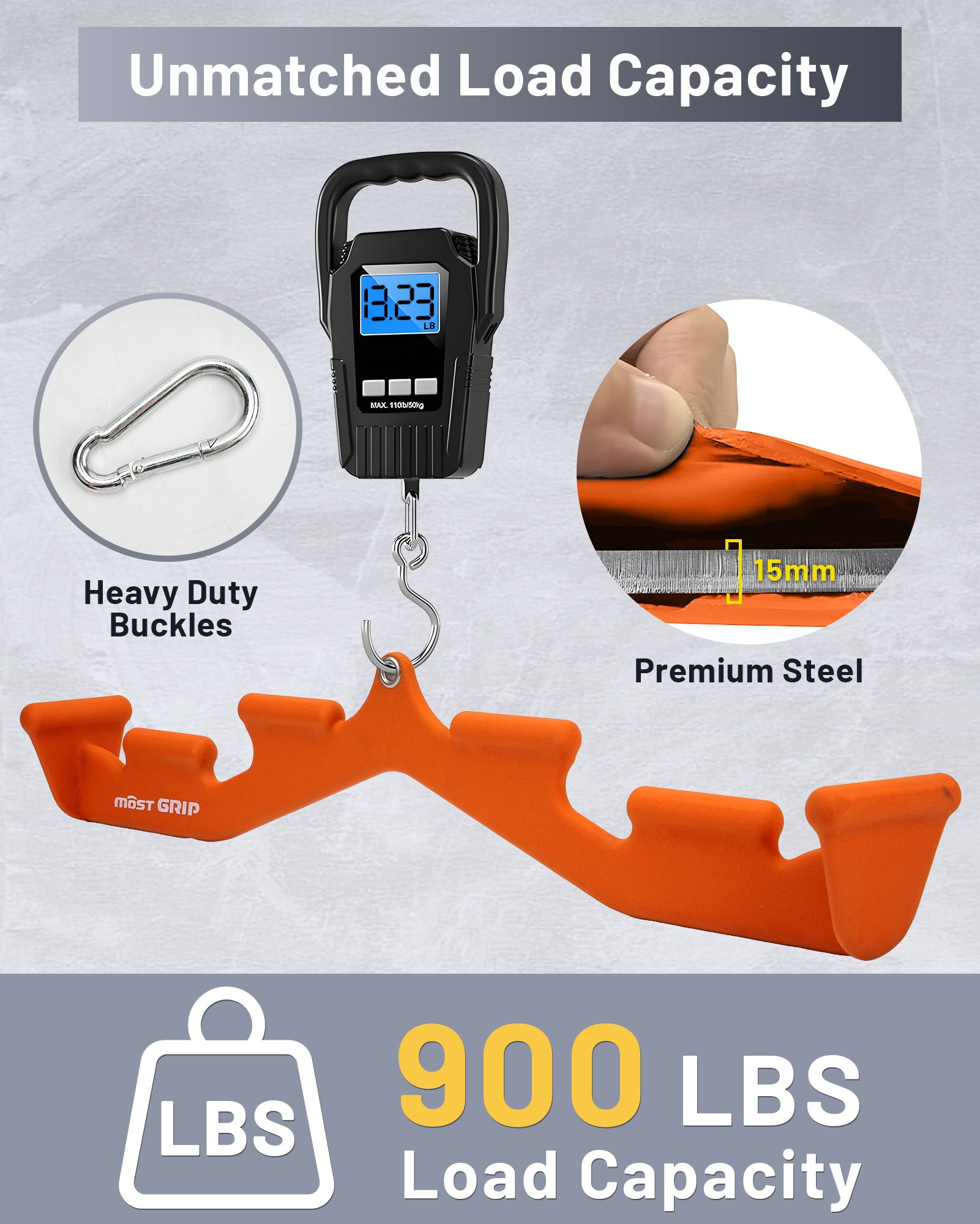 Orange lat pulldown bar with heavy duty buckles and steel load test