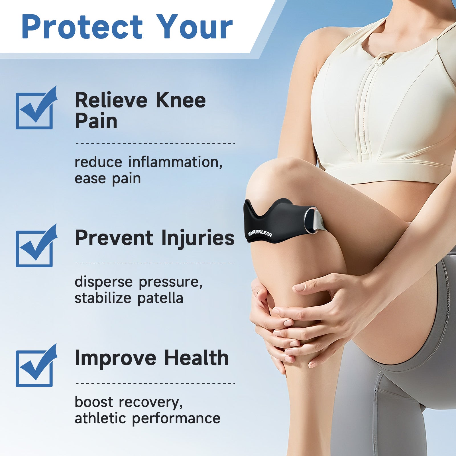 MANUEKLEAR V-Shaped Patella Bands, Adjustable Flex Wrap Patellar Tendon Support Strap for Men Women, Silicone Patella Knee Straps Suitable for Pain Relief Running Hiking Basketball, (2pcs)