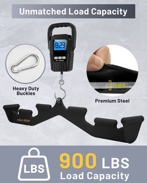 Black lat pulldown bar showing heavy duty buckles and 15mm steel strength