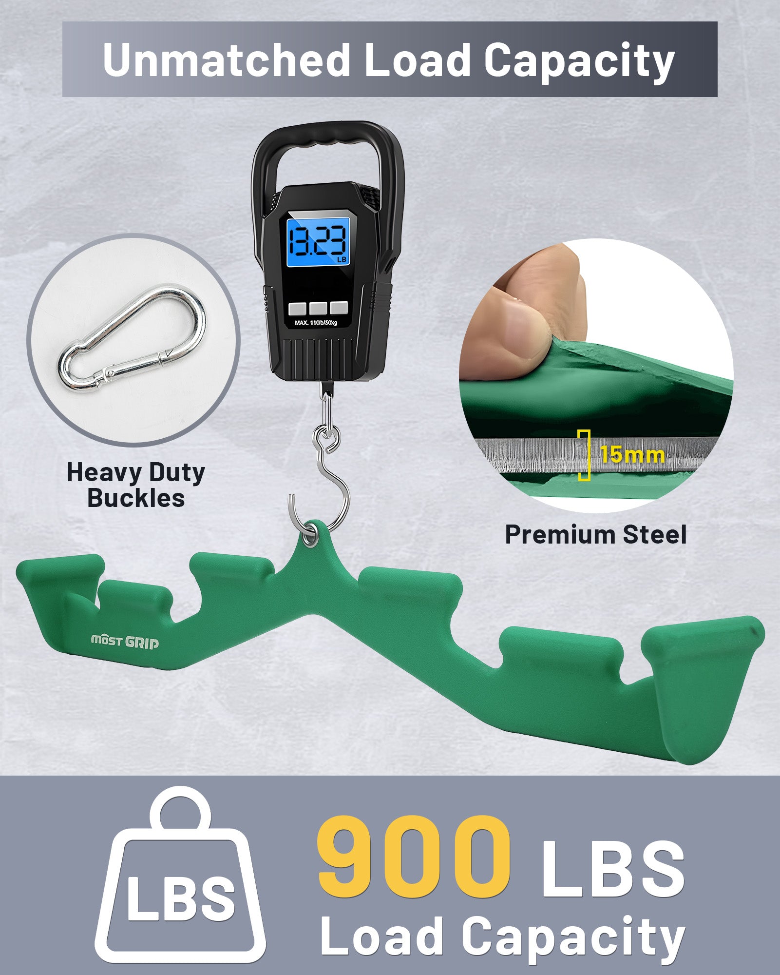 Green lat pulldown bar demonstrating durability with 900 lbs strength test