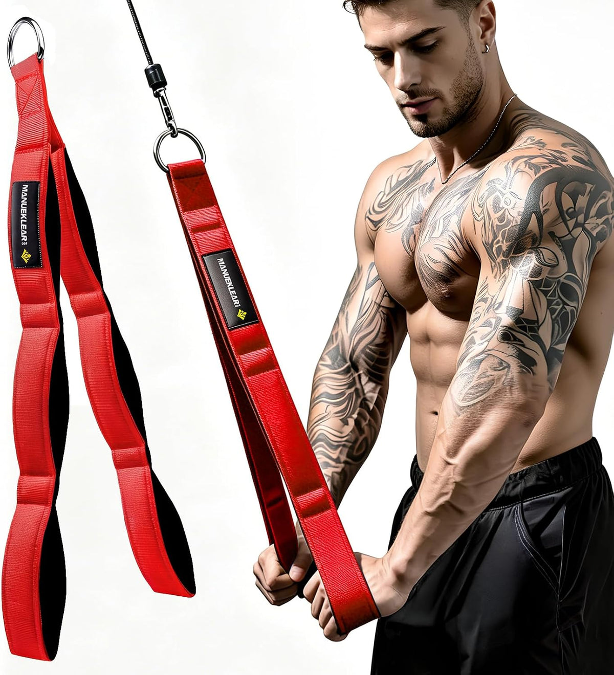 MANUEKLEAR 3 Grip Lengths in 1 Tricep Rope Cable Attachment with Ergonomic Handles, Greater ROM for Tricep Push Down Attachment Professional Gym Rope for Overhead Extension