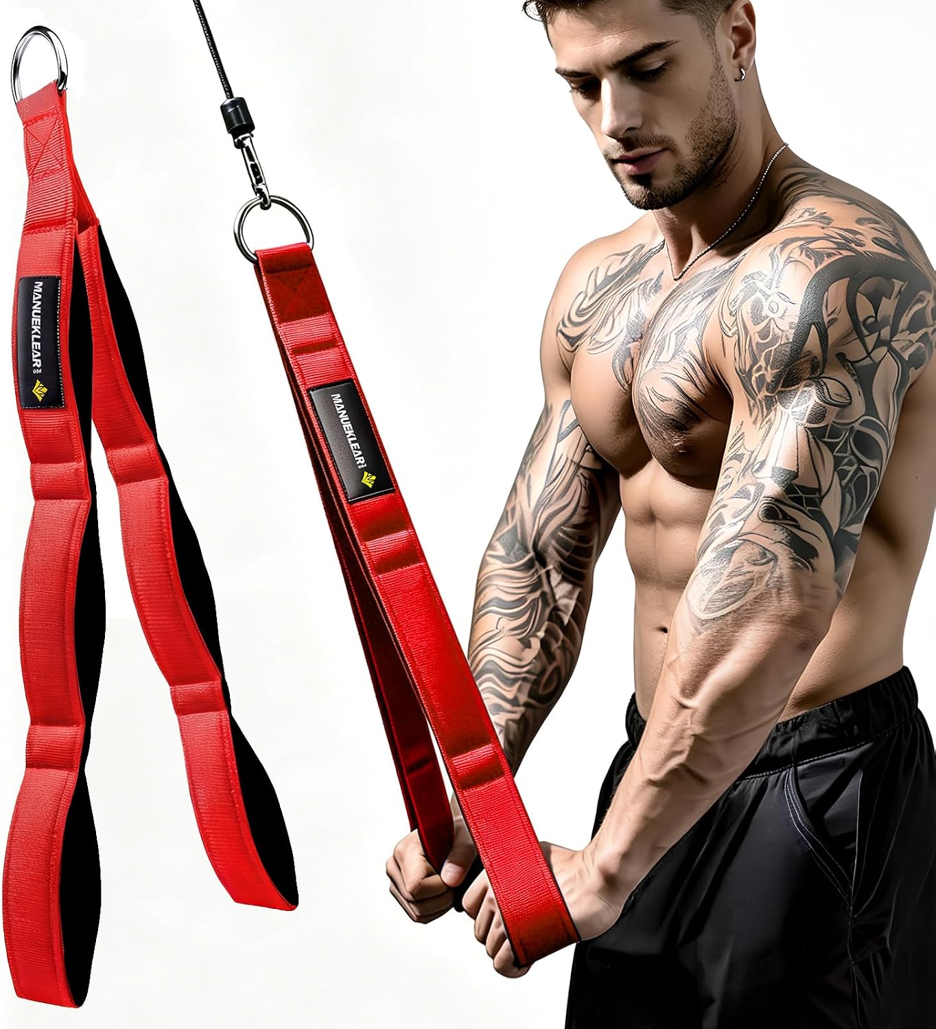 MANUEKLEAR 3 Grip Lengths in 1 Tricep Rope Cable Attachment with Ergonomic Handles, Greater ROM for Tricep Push Down Attachment Professional Gym Rope for Overhead Extension