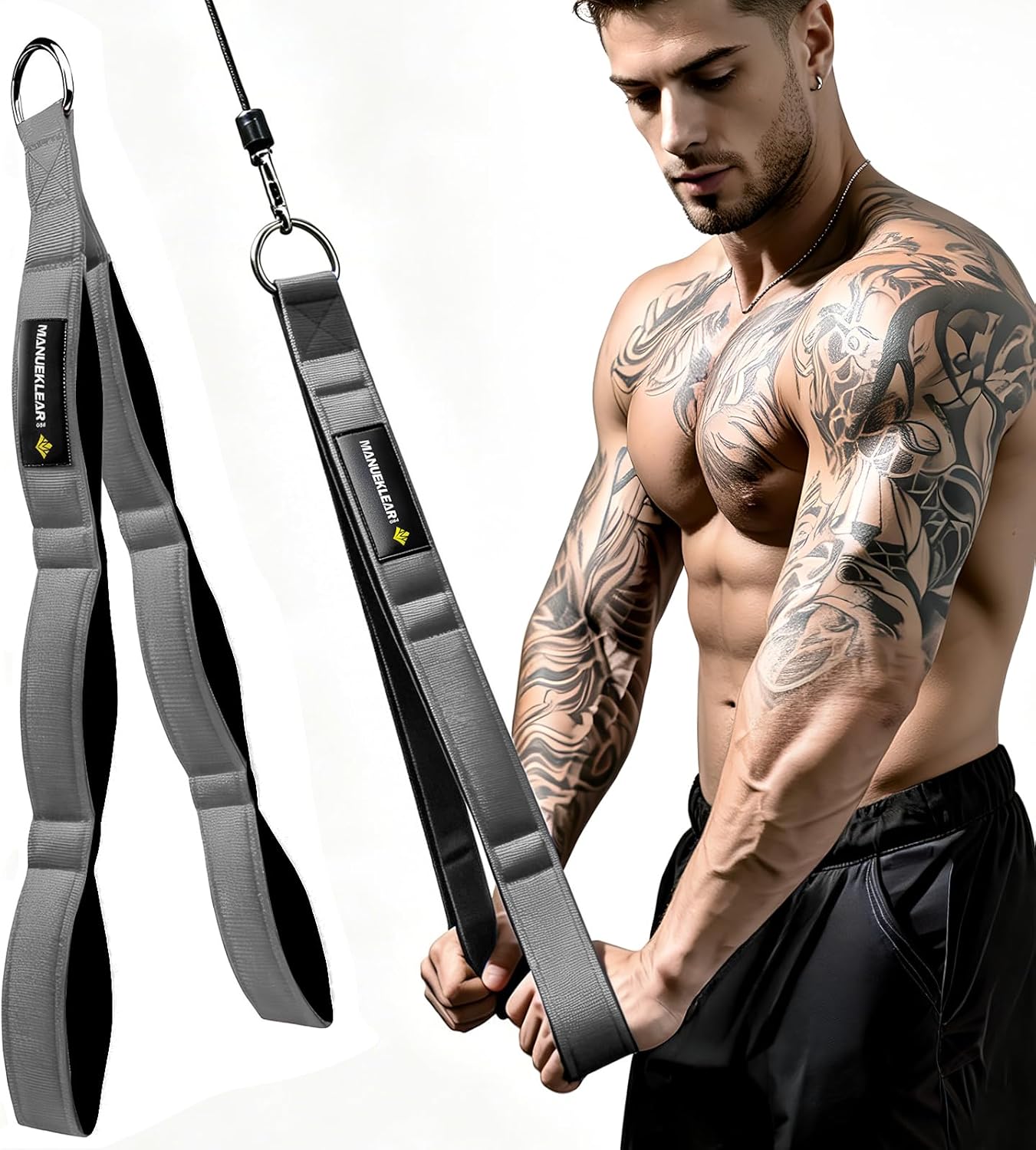 MANUEKLEAR 3 Grip Lengths in 1 Tricep Rope Cable Attachment with Ergonomic Handles, Greater ROM for Tricep Push Down Attachment Professional Gym Rope for Overhead Extension