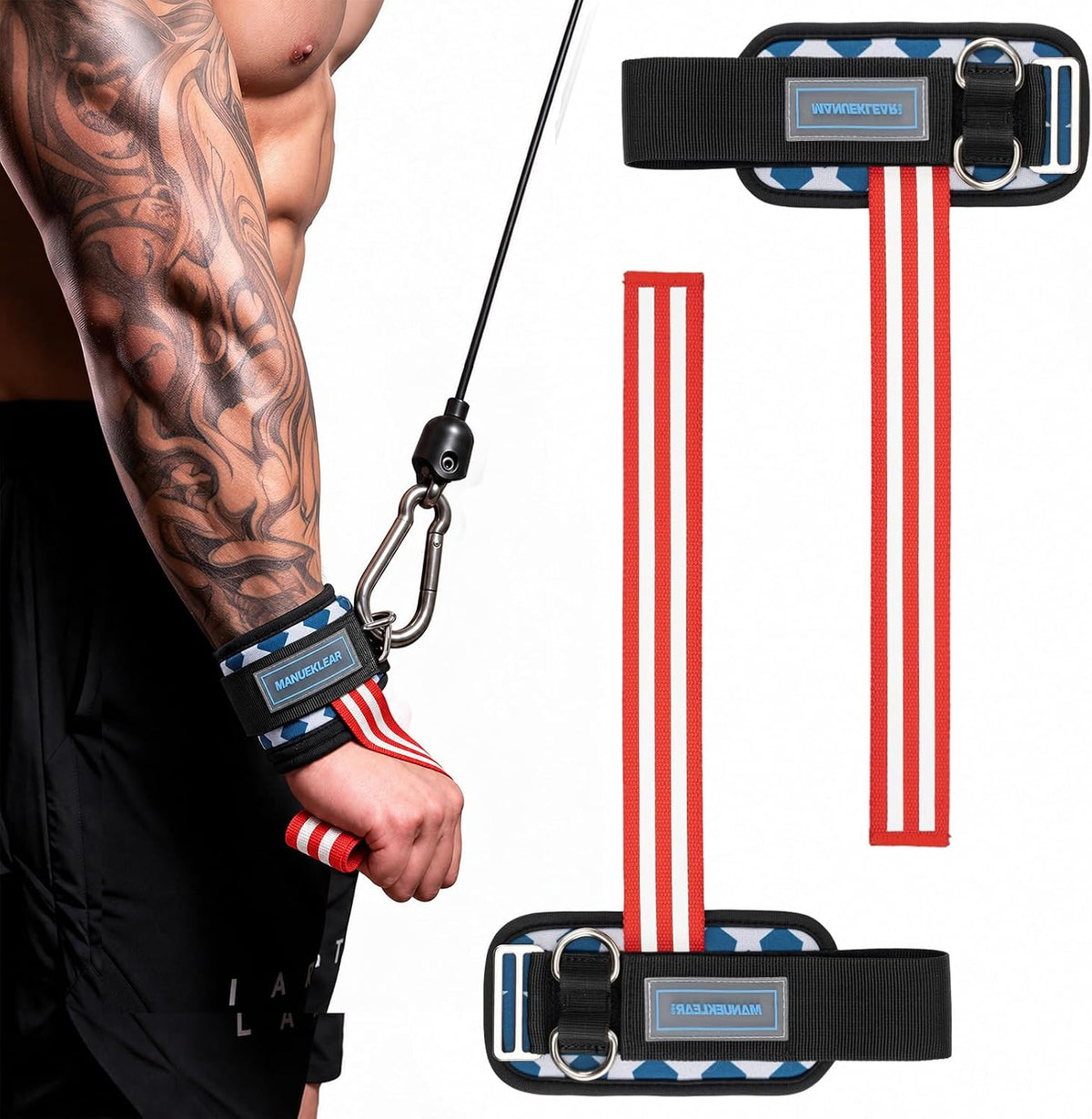 MANUEKLEAR D-ring lifting straps for cable machines in blue star