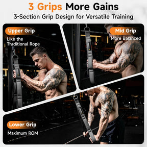 Three-grip tricep rope attachment