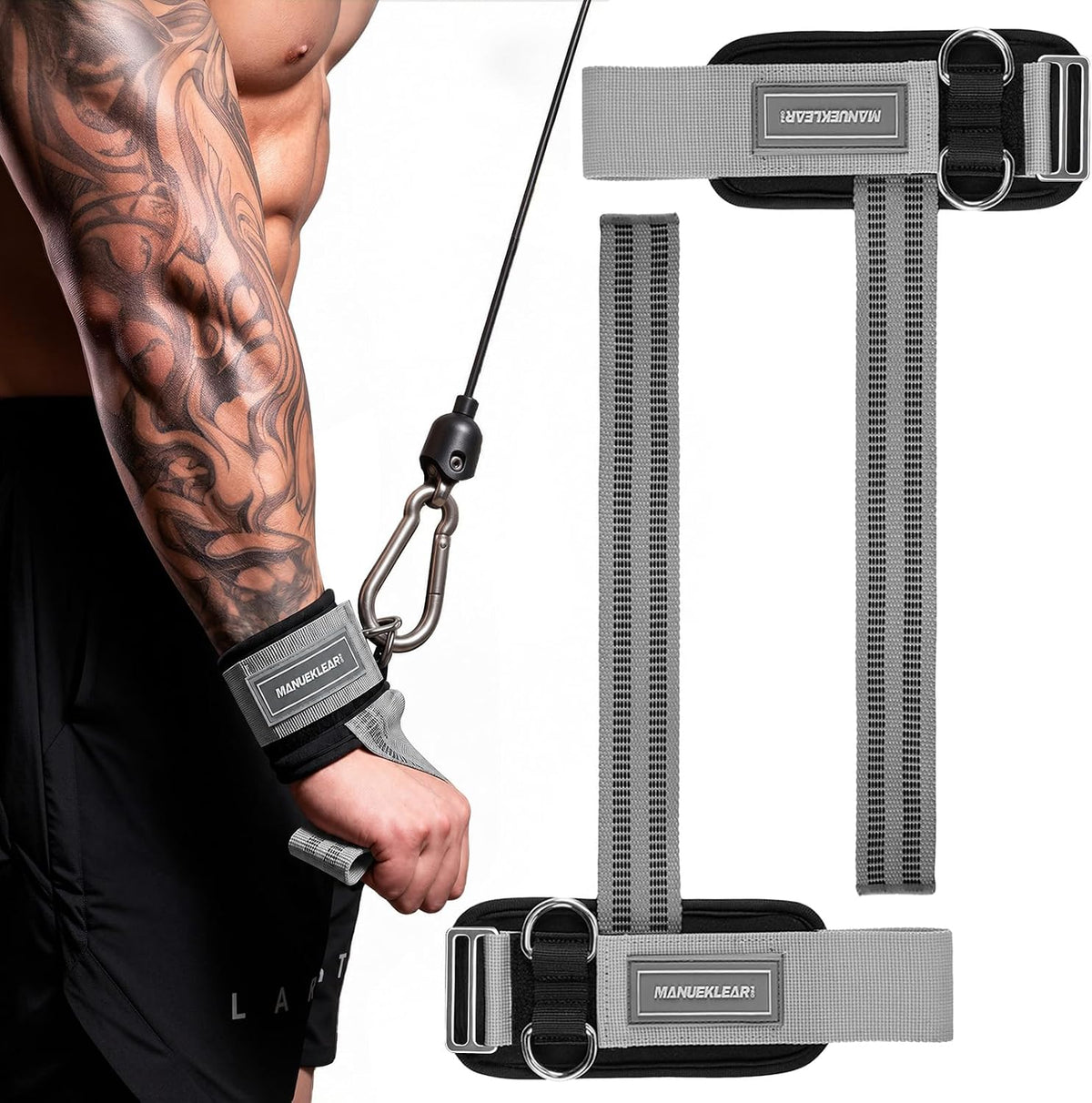 MANUEKLEAR D-ring lifting straps for cable machines in gray