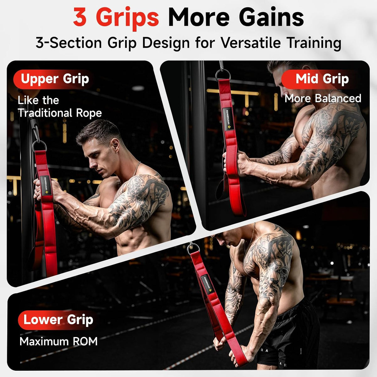 Three-grip tricep rope attachment