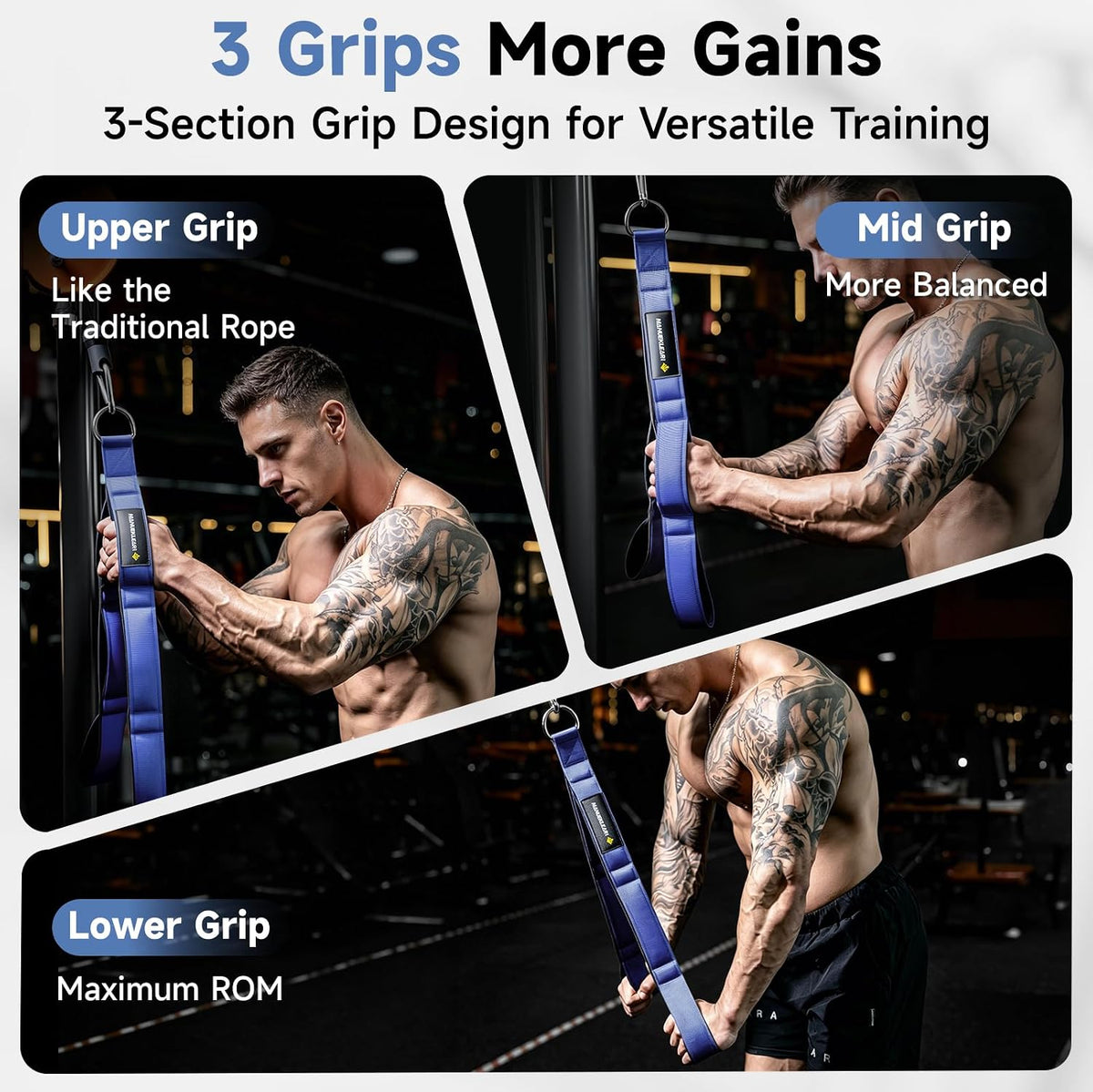Three-grip tricep rope attachment