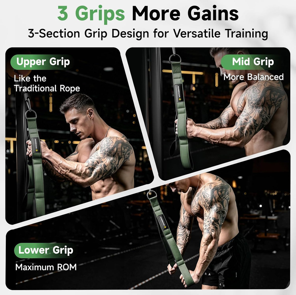 Three-grip tricep rope attachment