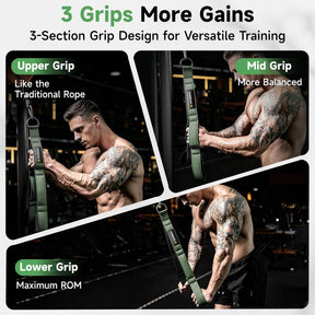 Three-grip tricep rope attachment