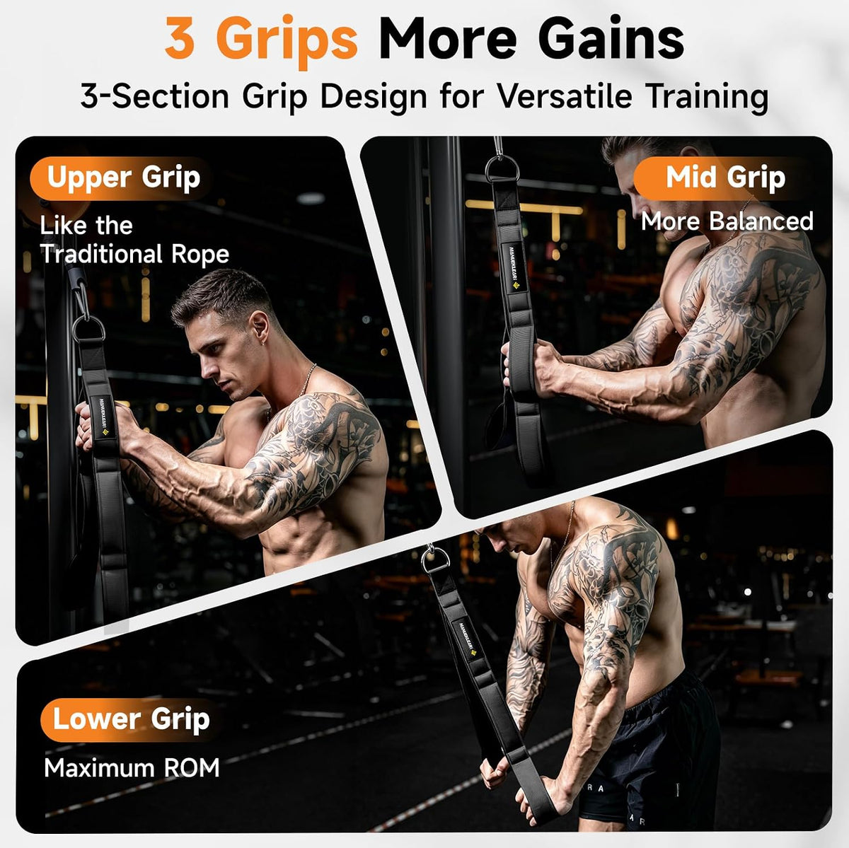 Three-grip tricep rope attachment