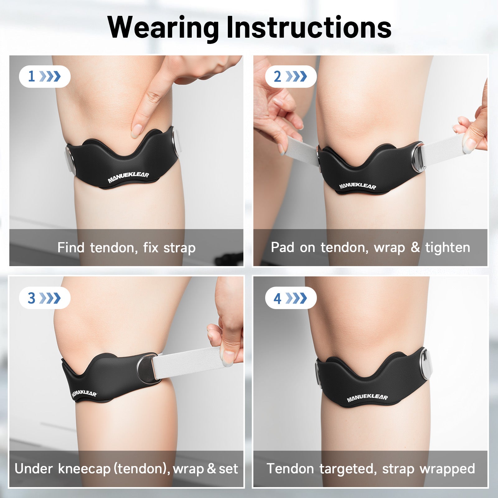 MANUEKLEAR V-Shaped Patella Bands, Adjustable Flex Wrap Patellar Tendon Support Strap for Men Women, Silicone Patella Knee Straps Suitable for Pain Relief Running Hiking Basketball, (2pcs)